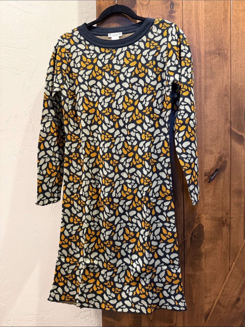 Unbranded Women's Black Floral Sweater Dress with Mustard Accents